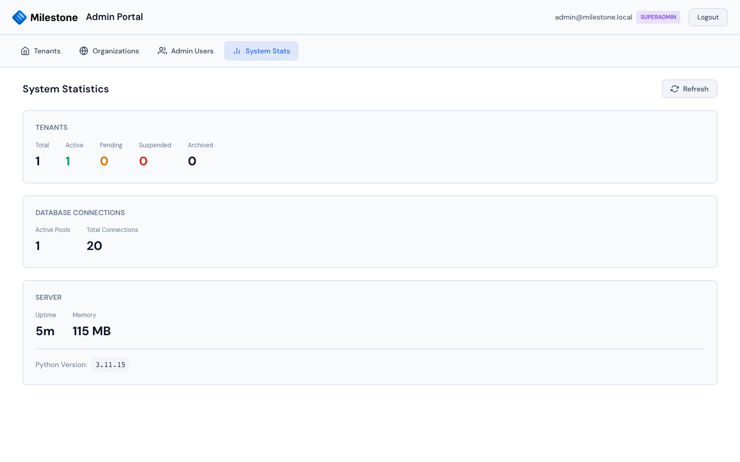 Admin Portal — System Stats tab with tenant, connection-pool, and server panels