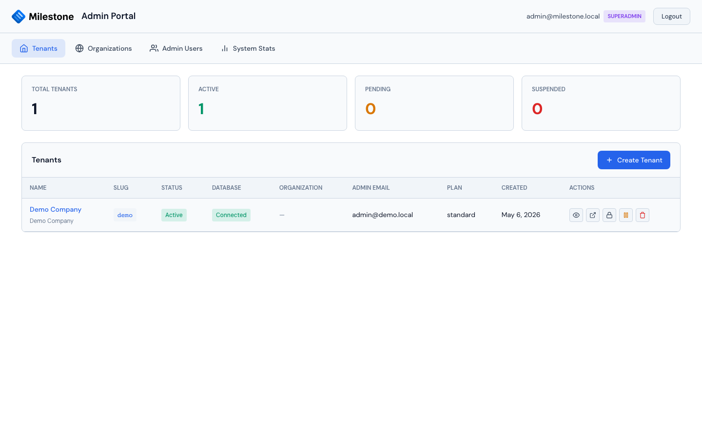 Admin portal — Tenants tab