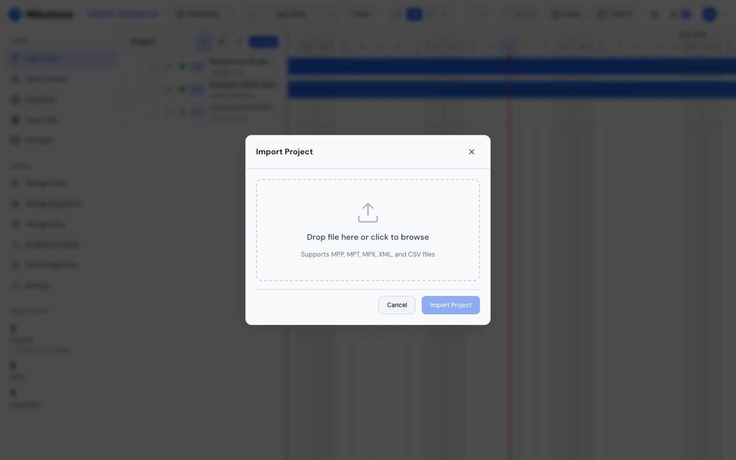 Import Project modal with the drop zone for CSV/XML/MPP files
