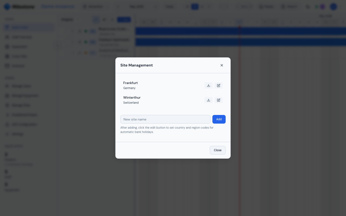 Manage Sites modal — sites list with edit and Excel-export actions