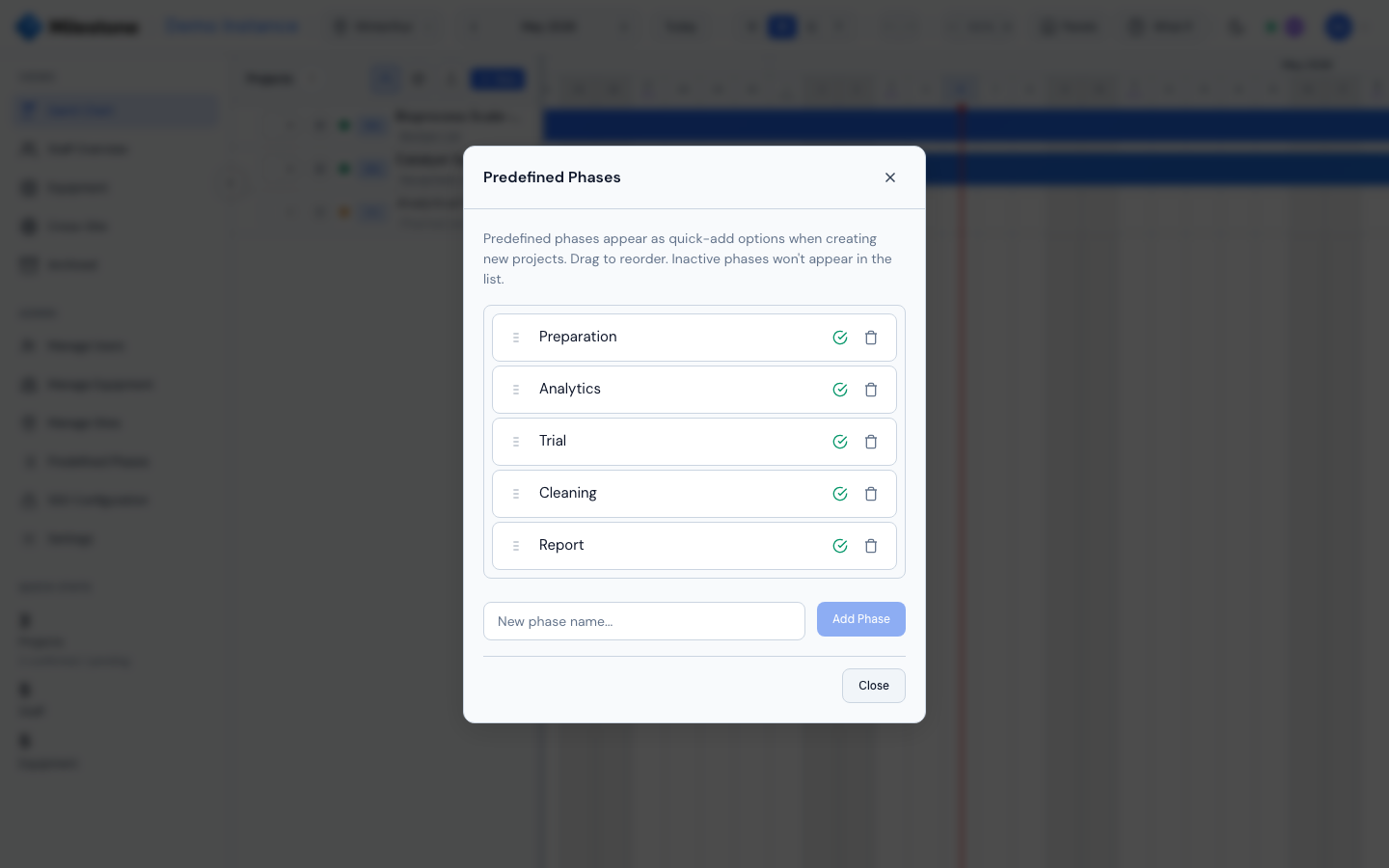Predefined Phases modal — drag handles, active toggles, and the Add Phase form