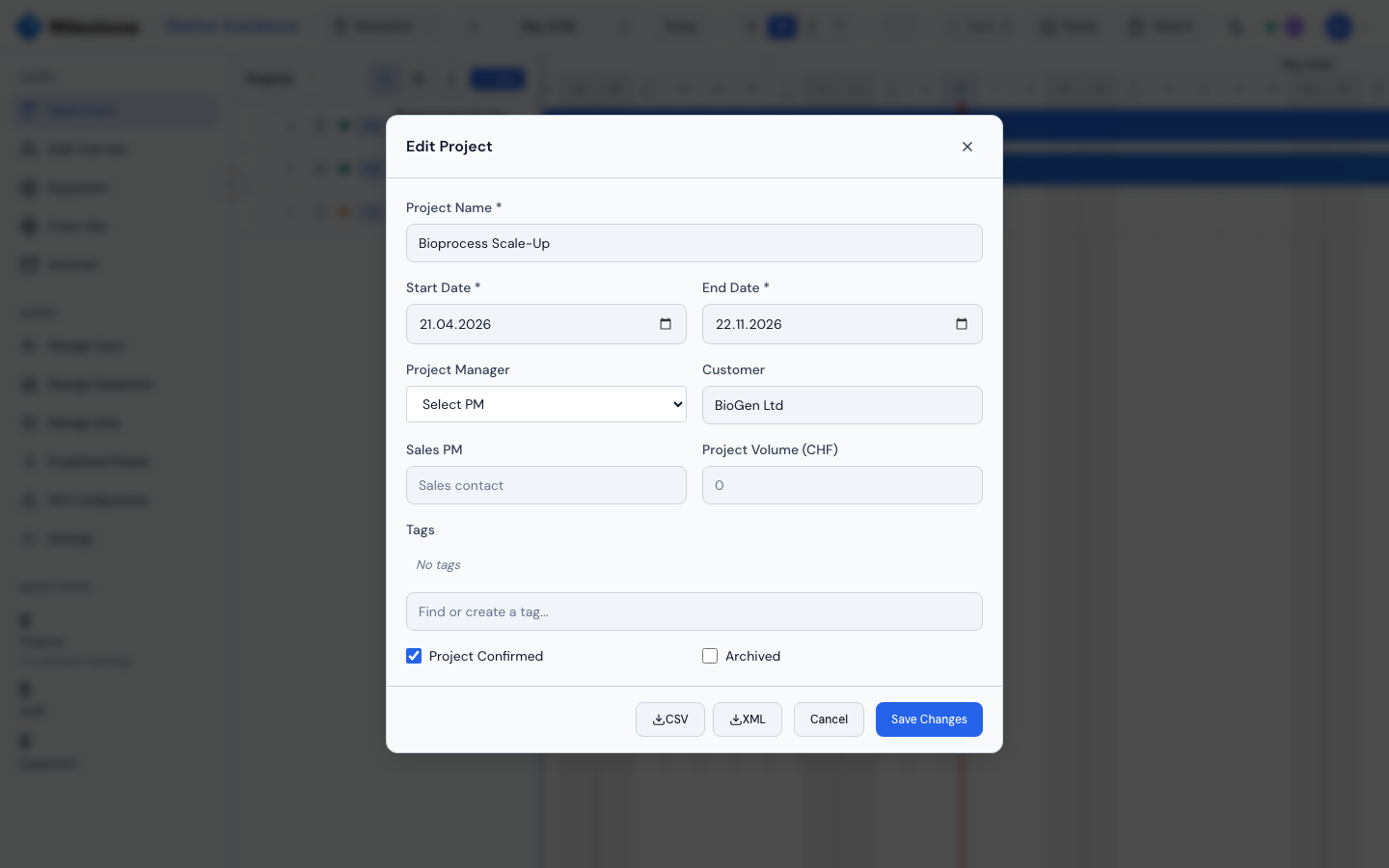 Edit Project modal with name, dates, customer, tags, and CSV/XML export buttons