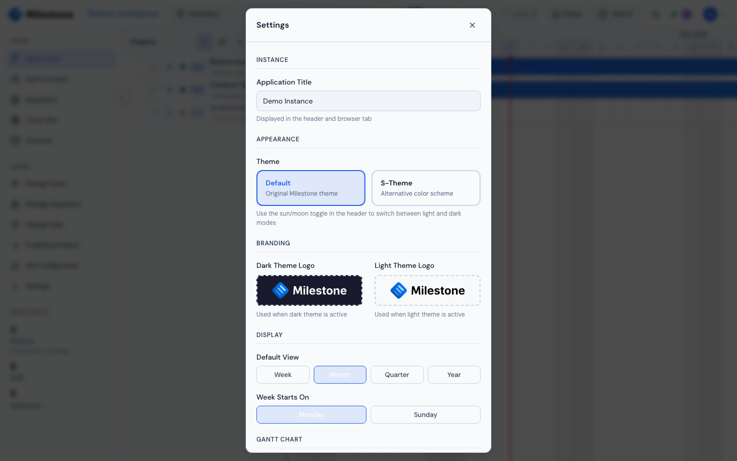 Settings modal — instance title, theme picker, branding logos, and display defaults
